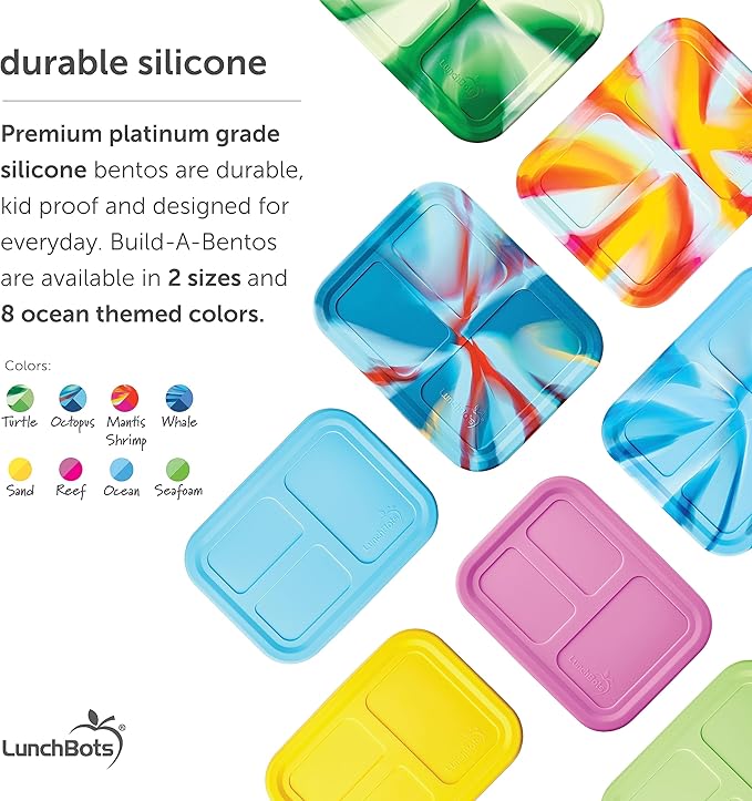 LunchBots Build -a- Bento Lunch Box, Silicone Bento Box for Kids, Multi-Compartment Lunch Container, Oven & Dishwasher Safe, BPA Free, 32 oz - Tie Dye Green