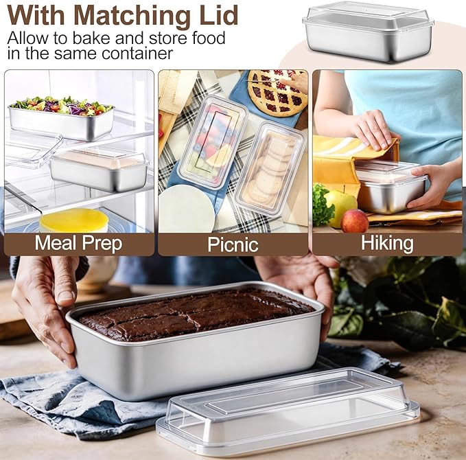 TeamFar Loaf Pans for Baking Bread, 9 x 5 Inch Stainless Steel Bread Loaf Pan with Lid, Meatloaf Pan Tin for Homemade Bread, Brownies, Meal Prep, Storage, Healthy & Dishwasher Safe - Set of 2