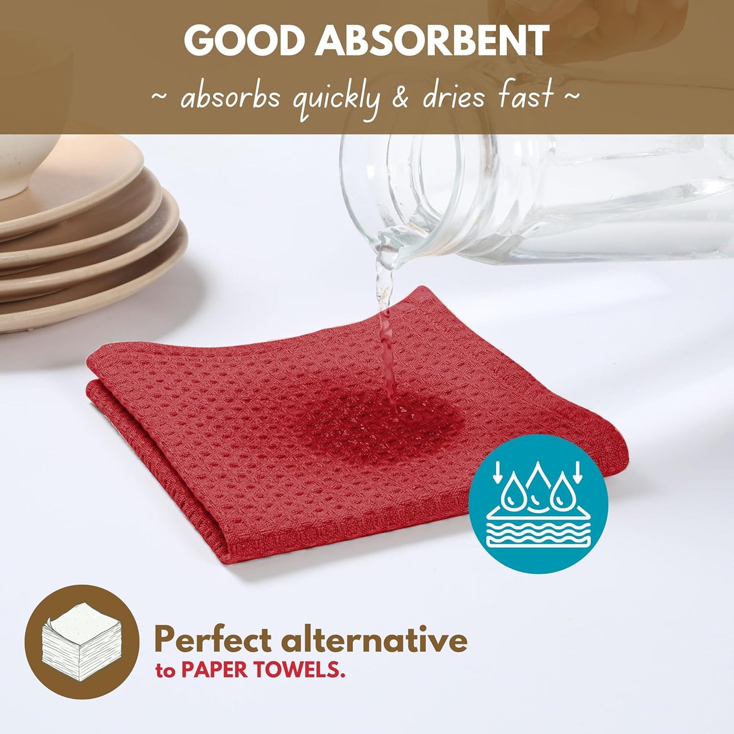 Native Fab Waffle 12 Pack 100% Cotton Easter Kitchen Dish Towels 16x26 Absorbent Durable Washable, Tea Towels, Dish Cloths, Bar Towels, Cleaning Towels, Kitchen Towels with Hanging Loop, Red
