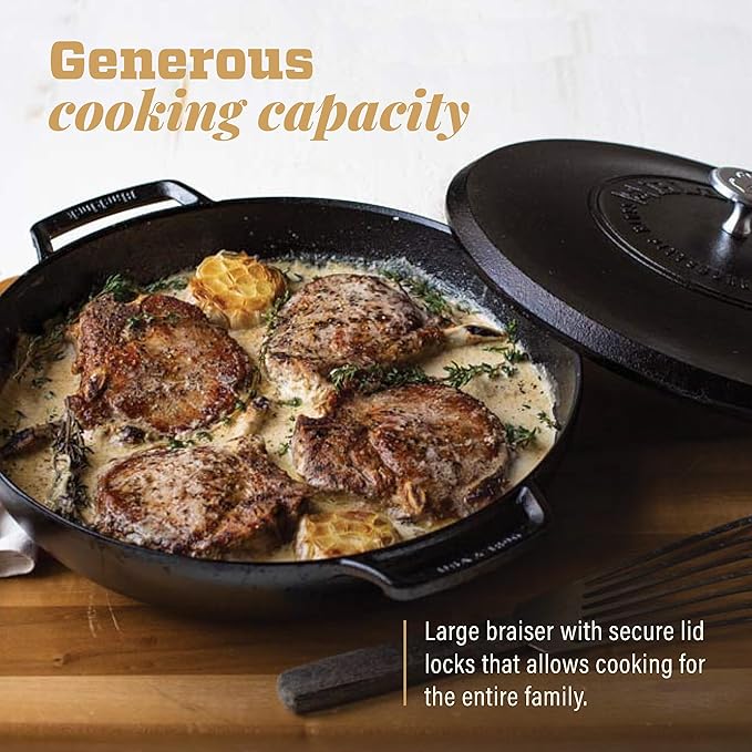 Lodge Blacklock 17 Triple Seasoned Cast Iron Braiser with Lid - Dutch Oven with Nonstick Finish - Lightweight Cast Iron Braiser - Dutch Oven Cookware - Cooking Pot with High-Heat Aluminum Knob