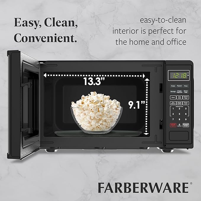 Farberware 0.9 Cu. Ft. 900-Watt Oven Auto, Defrost, & Express Cooking – Compact Countertop Microwave with Digital Display & Safety Lock, Black