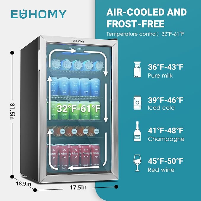 EUHOMY Beverage Refrigerator Cooler, 128 Can Mini Fridge with Glass Door for Soda Beer or Wine, Beverage Cooler for Home, Office, Bar with Adjustable Removable Shelves, Silver