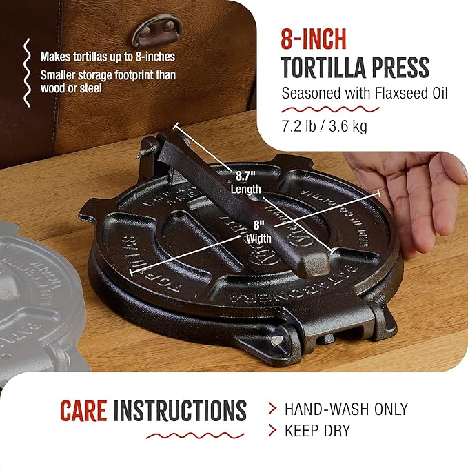 Victoria 8 Inches Cast Iron Tortilla Press, Roti Maker and Tortilladora, Pataconera Seasoned with Flaxseed Oil, Made in Colombia, Traditional Style, Black