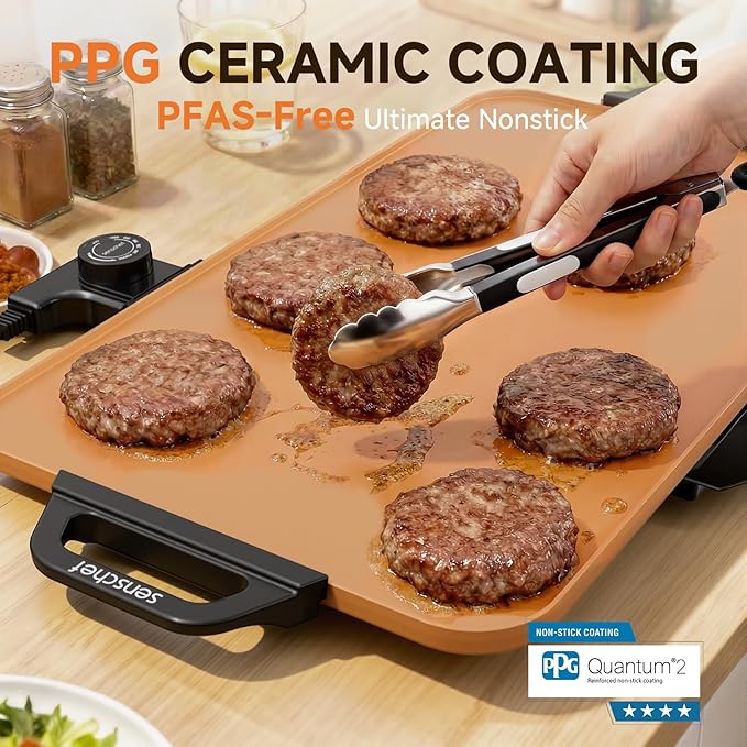 CookSimple Everyday 20"x12" Electric Griddle–1700W Nonstick PPG Ceramic Surface, Large Flat Design, Perfect for Family Meals, Pancakes&Eggs, Fast Even Heating, Easy to Clean, Ceramic Copper