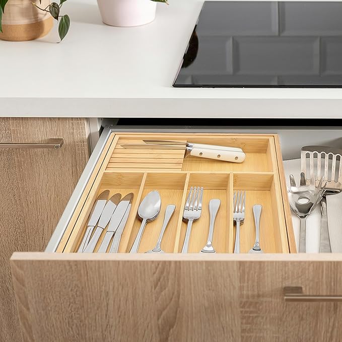 Elama Bamboo Wood Expandable Drawer Organizer Tray, Utensil Storage, Desk Drawer Storage (Expandable Tray)