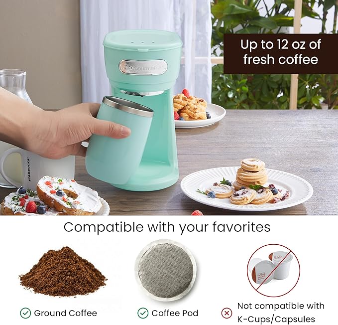 Elite Gourmet EHC242M Personal Single-Serve Compact Coffee Maker Brewer Includes 12oz. Dual Wall, Travel Mug with Stainless Steel Interior, Compatible with Coffee Grounds, Reusable Mesh Filter, Mint