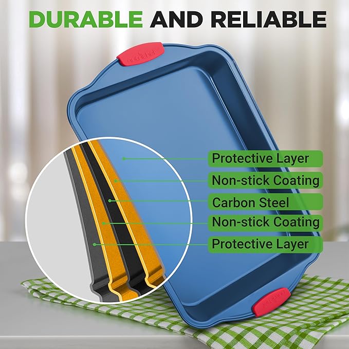 NutriChef 10-Piece Nonstick Bakeware Set - Premium Carbon Steel Baking Pans w/Silicone Handles - Includes Pizza Tray with Holes, 12 & 24 Cup Muffin Pans, Cookie Sheets, Round, Square & Loaf Pan - Blue