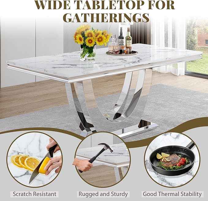 AF ARTISAN FURNITURE Marble Dining Table for 4-8,White Faux Marble Dining Tables with Silver U-Shaped Mirrored Finish Stainless Steel Base, Marble Kitchen Table for Living Room Home Office
