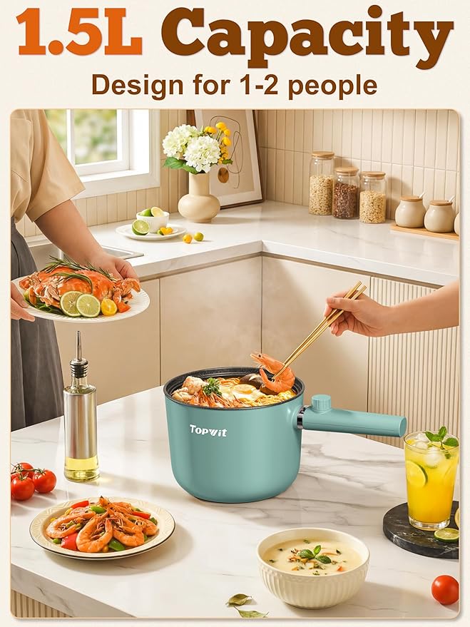 Topwit Hot Pot Electric with Steamer, 1.5L Ramen Cooker, Non-Stick Sauté Pan, Portable Cooking Pot, Electric Cooker with Dual Power Control, BPA Free, Over-Heating & Boil Dry Protection, Green