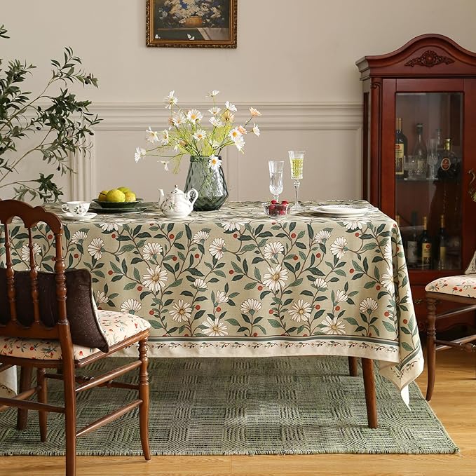 ISAENNE Designer Green Linen Extra Long Tablecloth Rectangle,Floral French Country Indoor Table Cloth,Stain Resistant Home Decor Tablecloths for Dining Kitchen Thanksgiving Party,63"*110"-Brune