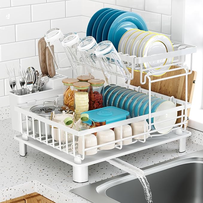 Dish Drying Rack, 2 Tier Dish Racks for Kitchen Counter, Compact Dish Drainer Rack, Detachable Dish Rack with Drainboard, Utensil Holder, Cup Holder for Small Space - White