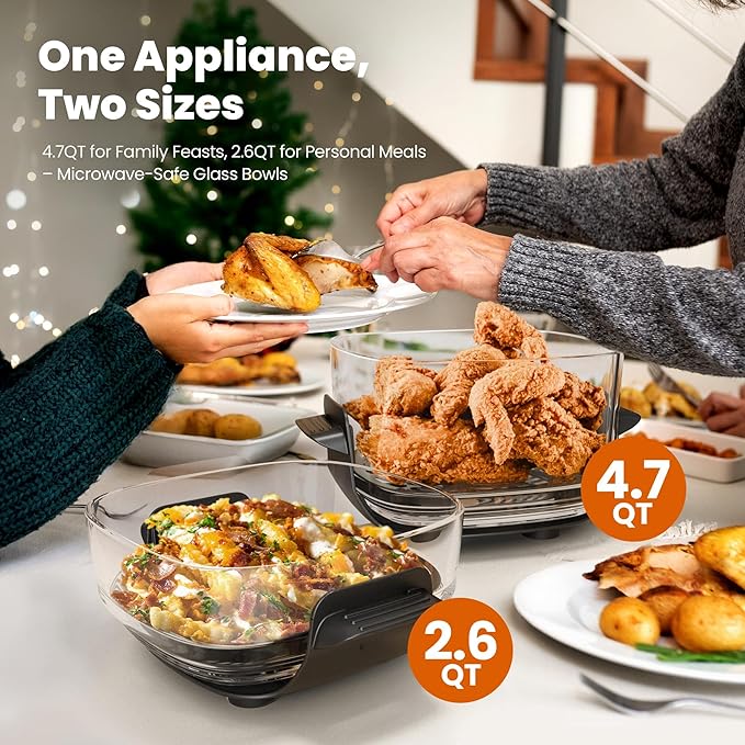 Kismile Glass Air Fryer, Upgraded 5-in-1 Portable Air Fryer with Dual Glass Bowls, 4.7QT & 2.6QT Containers & Lids, Adjustable Temp & Time, Freezer & Dishwasher Safe, Bake, Air Fry, Keep Warm & Crisp