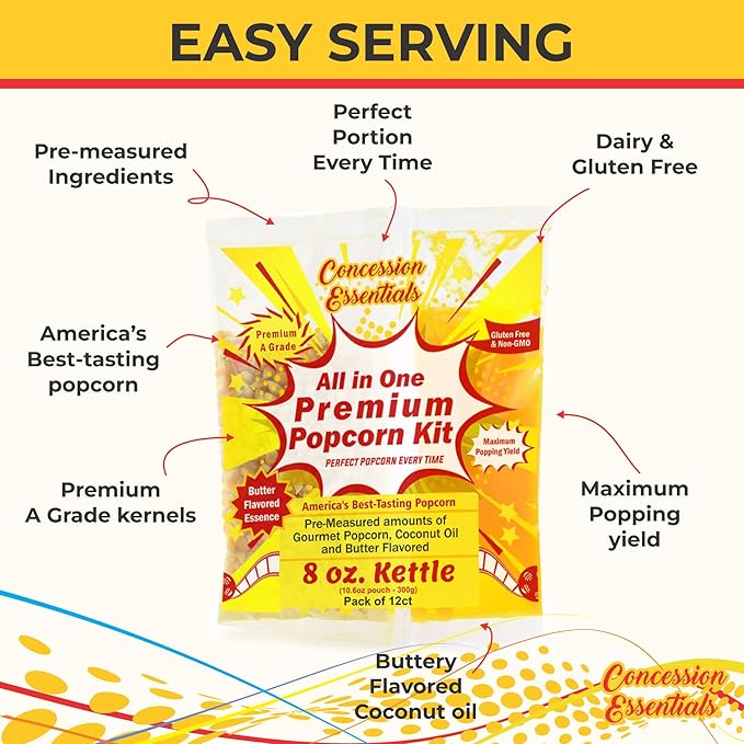 Concession Essentials 8oz Popcorn Portion Packs – Pre-Measured Kernels, Oil & Salt – Case of 12 Packs for Perfect Popcorn Every Time