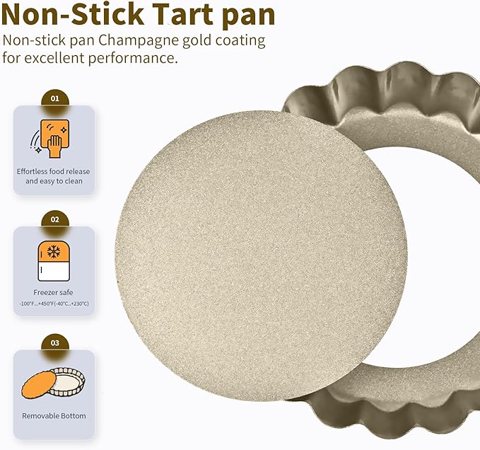 RICHSC-PAN Mini Tart Pan 12PCS, 4 Inch Tart Pan Removable Bottom Non-Stick Tin, 0.9 Inches High Suitable for DIY Making Small Tarts at Home. Champagne Gold Appearance.