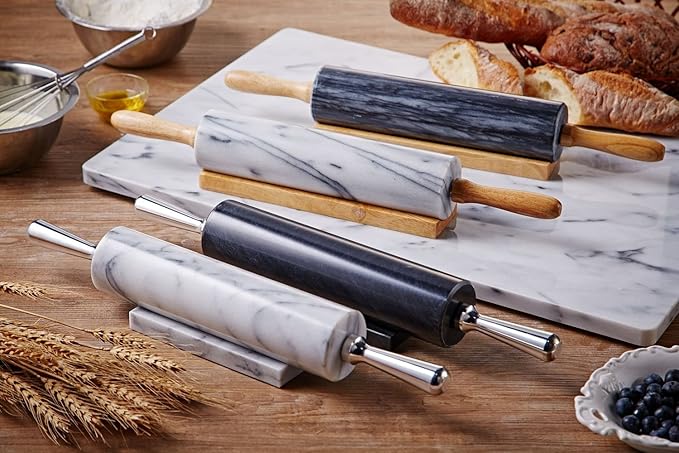 JEmarble Rolling Pin-Wooden Handles(White)(Premium Quality) Polished Surface 18-inch(10"Barrel) Genuine Stone Non-stick Save Effort Easy to Clean