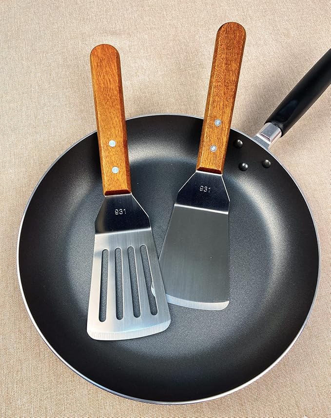2Pcs Metal Spatulas Set, Metal Spatula for Cast Iron Skillet, Cooking Utensils Fish Egg Grill Spatula Stainless Steel Slotted Spatula, Wok Flat Top Small Metal Spatula Turner with Wood Handle