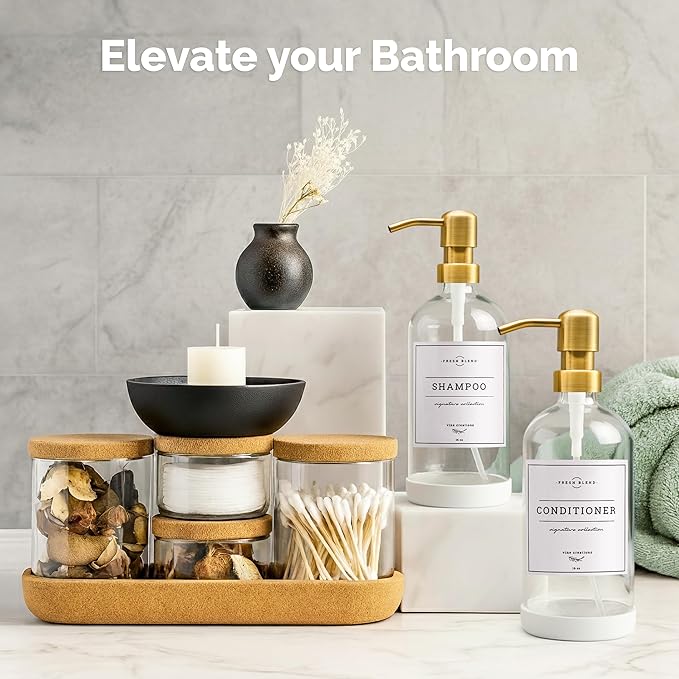 Vine Creations Glass Soap Dispenser, 2 Pack Kitchen Soap Dispenser Set with Stainless Steel Pump, 16 oz Dish Soap and Hand Soap Dispensers for Bathroom with Waterproof Labels (Clear)