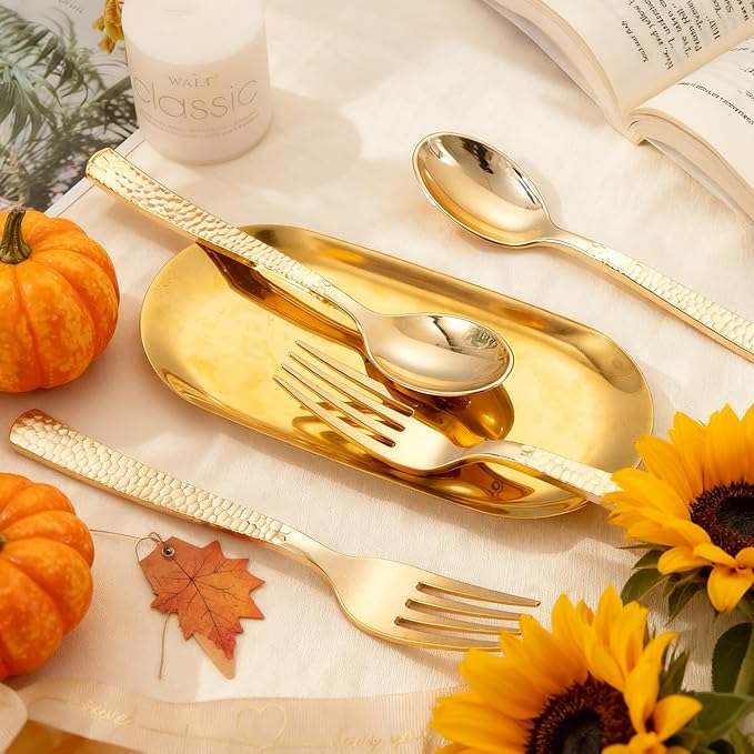 KIRE 400PCS Gold Plastic Spoons and Forks Disposable - Gold Plastic Silverware Set Disposable - 200 Forks and 200 Spoons for Thanksgiving Party, Birthday