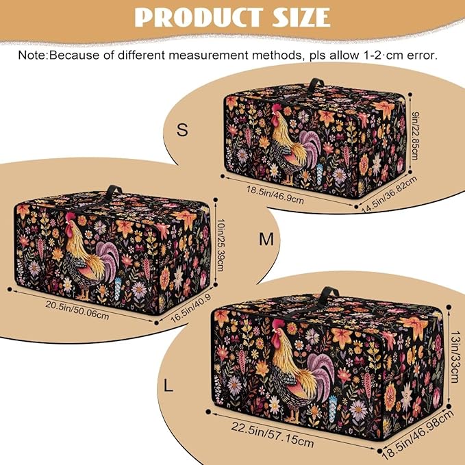 Microwave Oven Cover Air Fryer Toaster Oven Dust Cover with Accessory Pockets, Stain-resistant Small Electric Appliance Protector for Kitchen, L, Rooster Chicken Floral Black