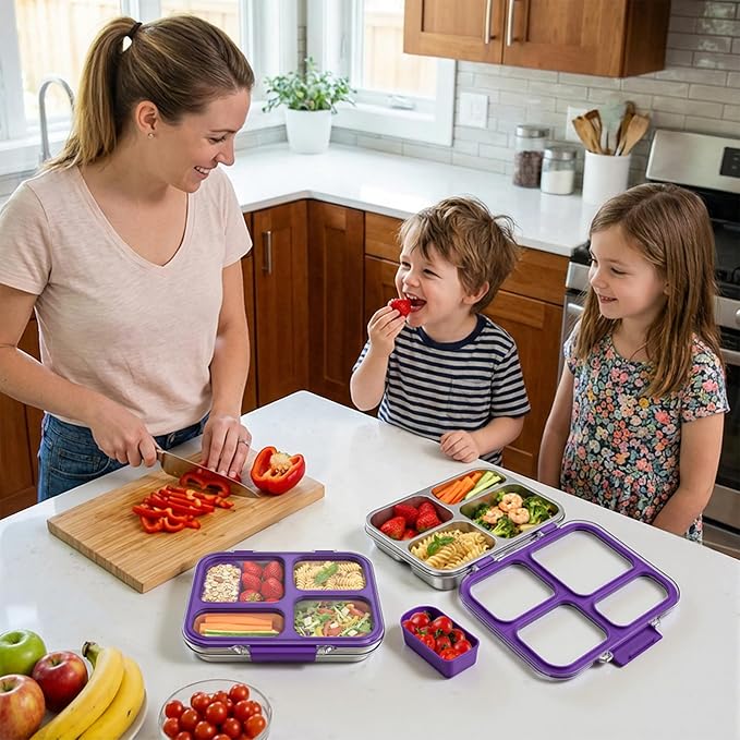 Stainless Steel Bento Box for Kids with Silicone Container, 4 Compartment Metal Lunch Box Kids Adults, Removable Silicone Seal & Clear Lid, Leak Proof Food Storage Container for Meal (Purple)
