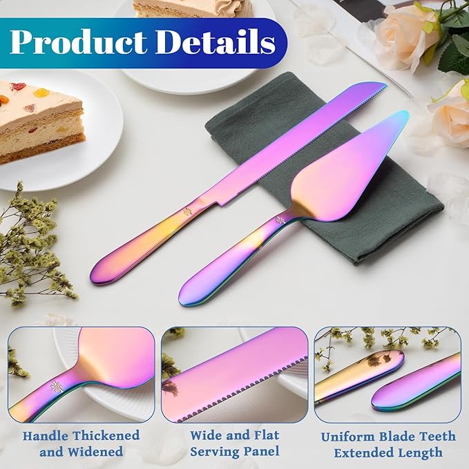 Eisinly Cake Cutting Set for Wedding, Elegant Cake Knife and Server Set with Thickened Stainless Steel Rounded Edges, Cake Cutter and Pie Spatula for Birthday Anniversary, 2 Pcs, Multipurple