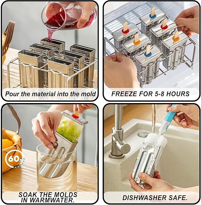 Set of 6 Stainless Steel Popsicle Molds Kit, Metal Popsicle Moulds,Homemade Ice Treat Makerwith 50 Wooden Sticks and 6 Silicone Seals and 20 Pop Bags,Cleaning Brush（Watermelon）