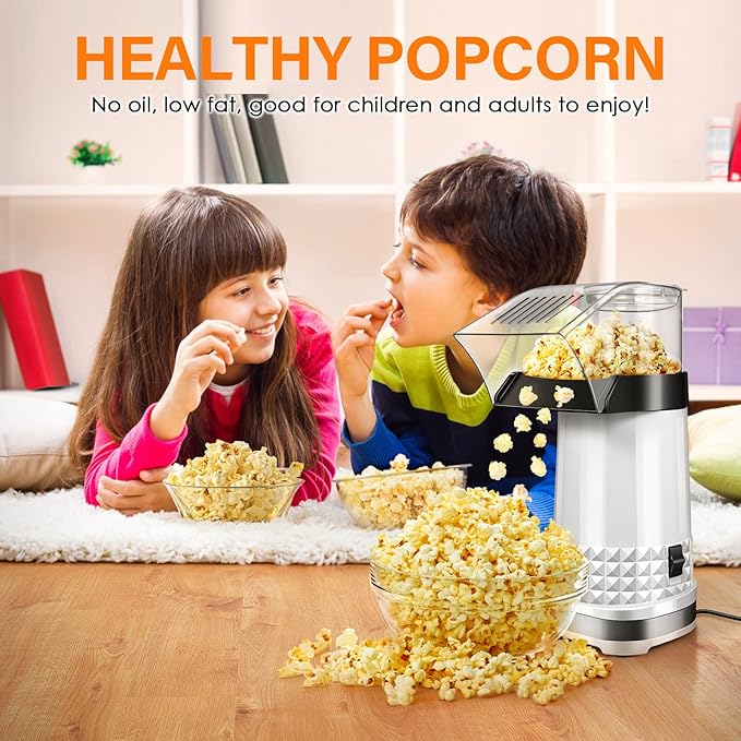 4.5 Quarts No Oil Electric Popcorn Machine with Measuring Cup + Melts Butter, Quick & Easy Hot Air Popcorn Popper Maker with On/Off Switch, Etl Certified, Air Popper for Movie Nights Parties(White)