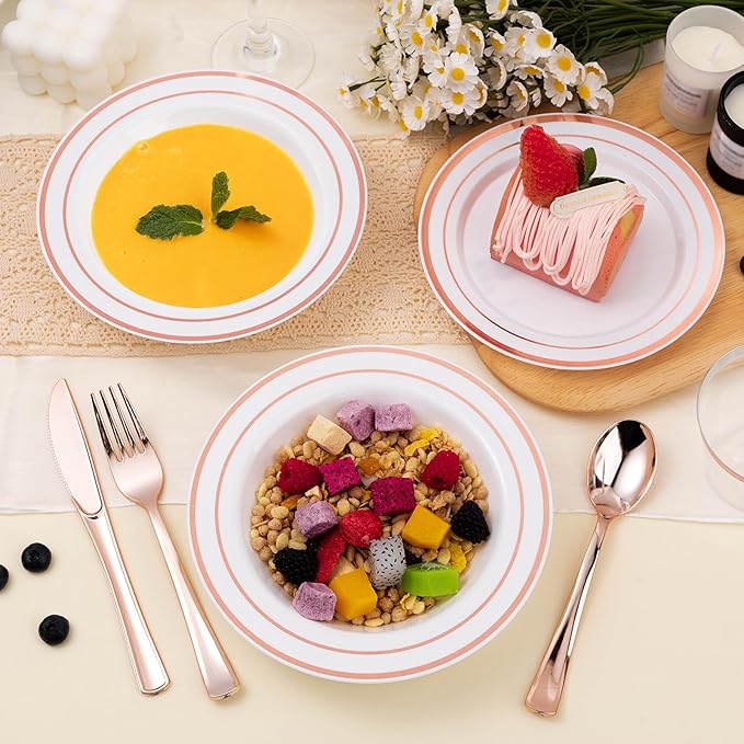 100 Pack Disposable Soup Bowls with Rose Gold Rim, 12oz Premium Heavy Duty Plastic Dinner Bowls for Party, Wedding and Holiday