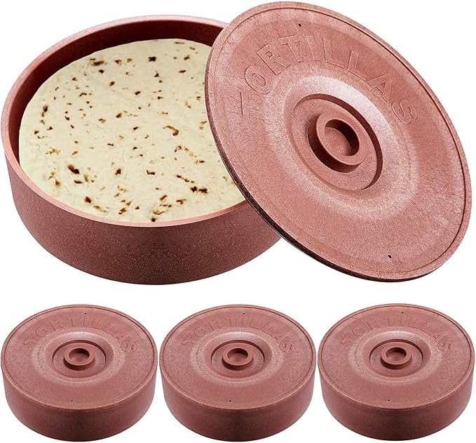 Sabary 4 Pcs Tortilla Warmer with Lid 8.5 x 2.4 Inch Robust Plastic Tortilla Holder Taco Keeper Pancake Waffles Food Container Microwave Save for Mexican Night Fiesta Party Home Restaurant Bar (Brown)