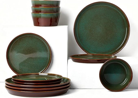 Pokini Plates and Bowls Sets for 4, Ceramic Dinnerware Sets, Kitchen Dish Set, Microwave & Dishwasher Safe Dishware, Highly Durable Hand Glazed Dinner Set, Brown Green