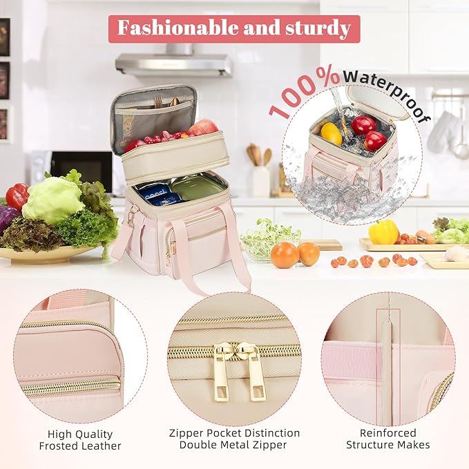 holuxer Insulated Lunch Bag & Lunch Box for Women - Double Deck Reusable Lunch Bag for men Tote Cooler Bag Leakproof Soft Expandable - Large Lunchbox for Work/Adult/Picnic/Outdoor (Pink，15L)