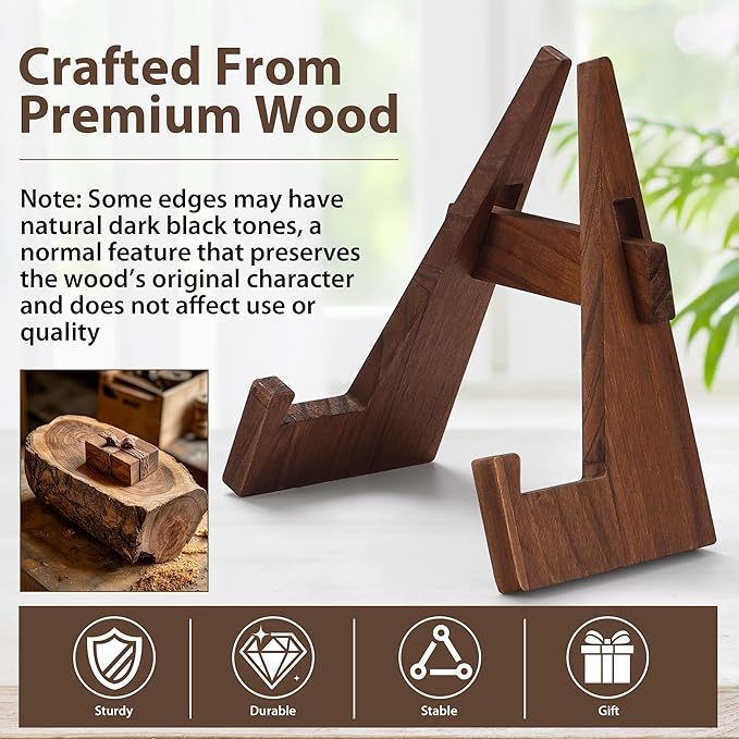 Walnut Wood Plate Stand, 9 Inch Decorative Ornament Display Stand, Plate Holders for Displaying, Picture Frame Holder Stand, Cookbook Stand for Recipe Books, Photos & Collectibles