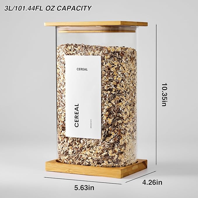 Glass Storage Jars with Bamboo Lids, 100oz Square Food Storage Containers for Kitchen Pantry Organization, Storage Canisters with Labels for Cereal Flour Beans Tea, Large Spice jars Seasoning Bottles