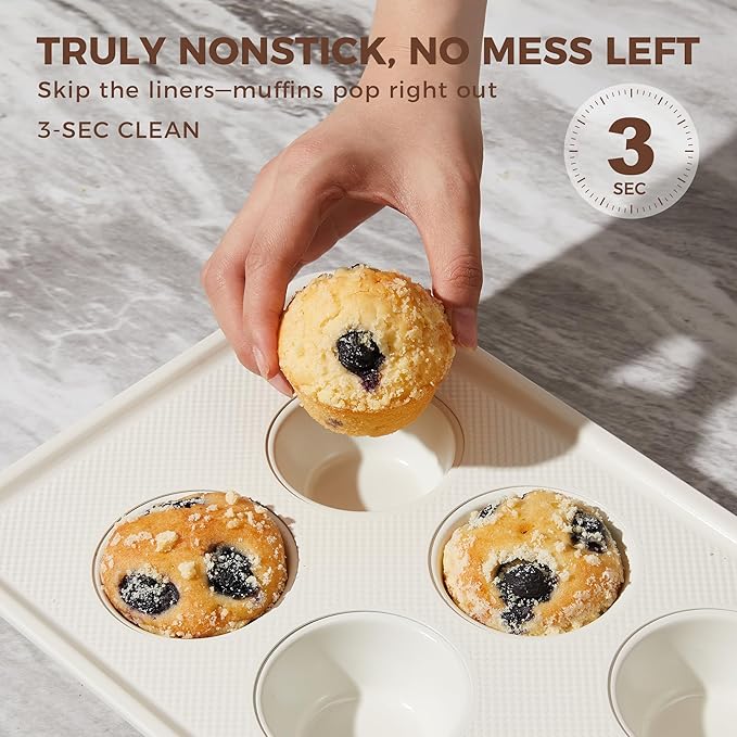 HONGBAKE 2 Pack Nonstick Ceramic Muffin Pan, 12 Cup Muffin tin for Baking, Non-toxic Cupcake Pan, Heavy-duty Aluminized Steel Cupcake Tray with Diamond Texture, Easy To Clean (Cream, 2PCS)