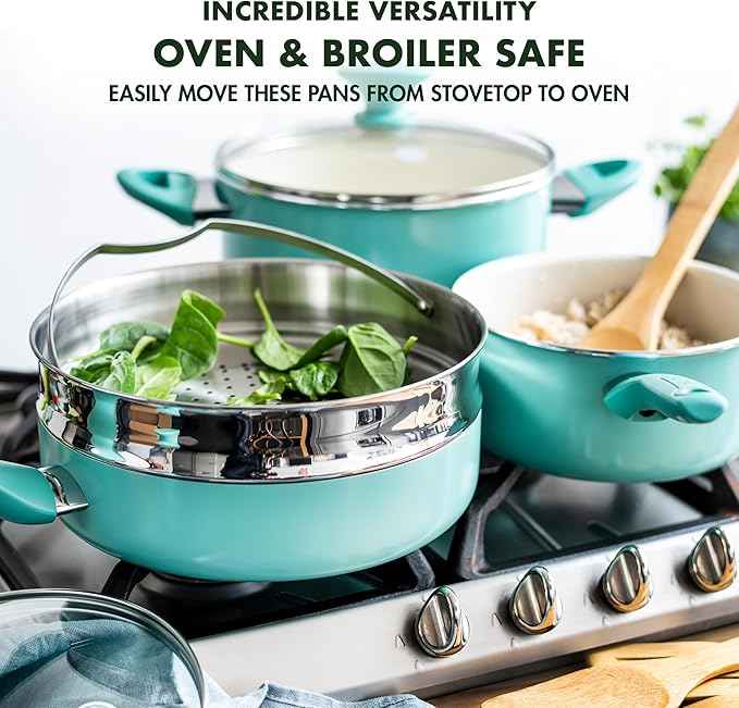 GreenPan Rio Healthy Ceramic Nonstick 16 Piece Cookware Pots and Pans Set, PFAS-Free, Dishwasher Safe, Turquoise