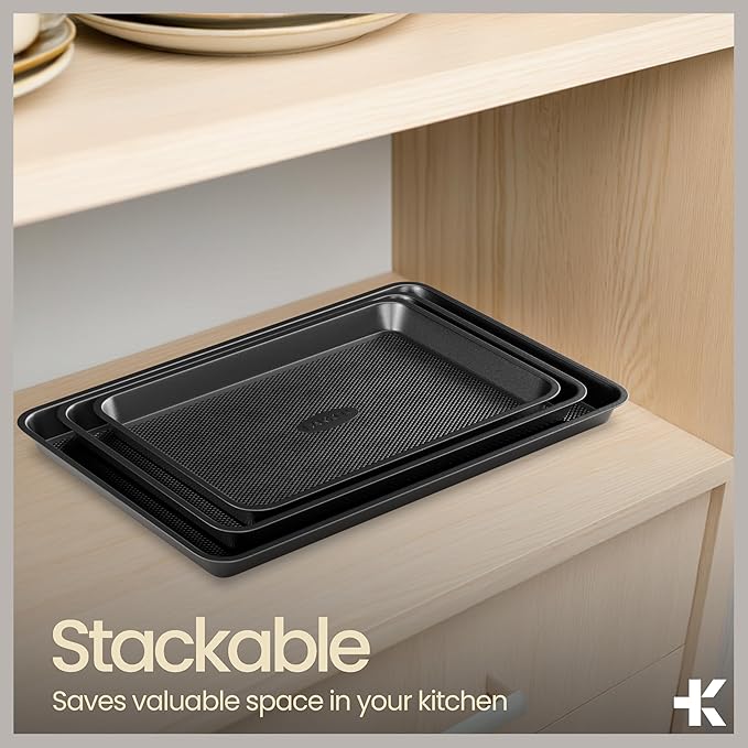 BAKKEN Kitchen Baking Pans - Nonstick Gray Coating, 13.58’’ × 9.65’’ Commercial Grade Carbon Steel Cookie Sheet, Diamond Texture Bottom, PFOA, PFOS, PTFE Free, Oven Safe Tray (450°F), Gray