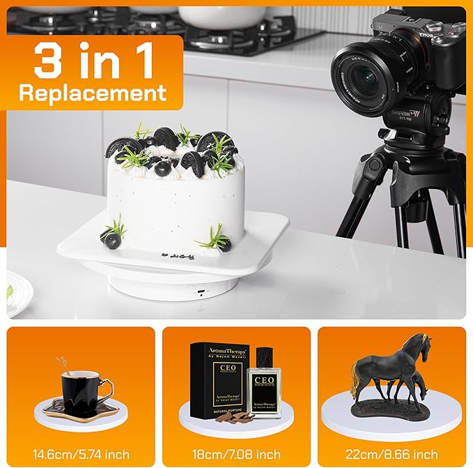 Remote control Motorized Rotating Display stand - 360° Electric Rotating Platform | 3-in-1 Sizes - 5.74", 7.08" and 8.66" Replacement Covers - Rechargeable Turn Table - Live Streaming & Photography