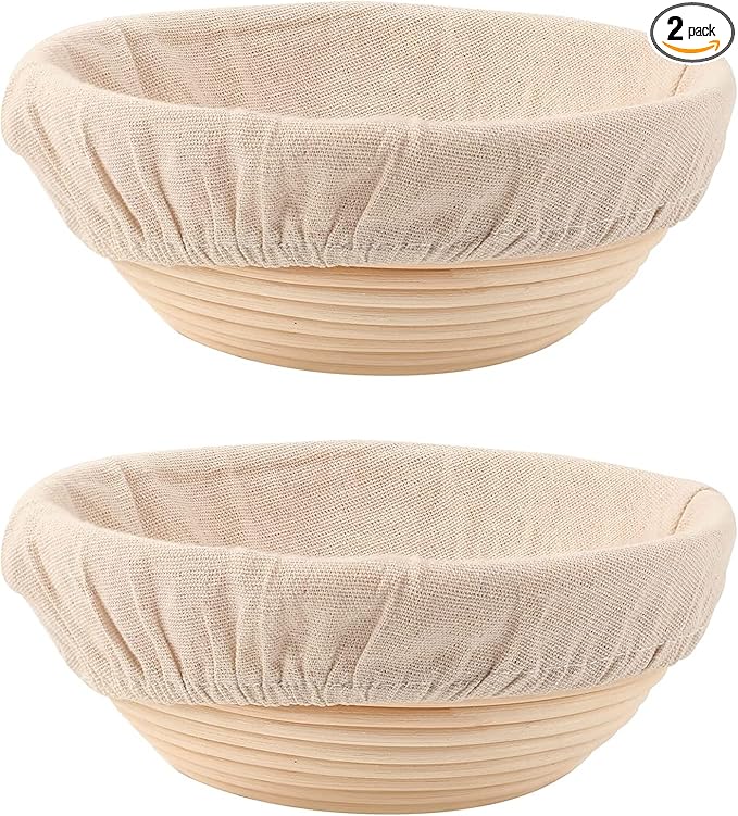 DOYOLLA Round Bread Dough Proofing Rising Rattan Baskets(Set of 2, 9 inch) w/Liners for Home Sourdough Bread Bakers