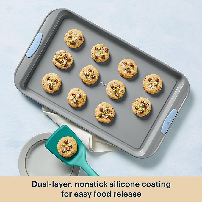 Pyrex (3-Piece) Metal Cookie Sheet Bakeware Set, Lightweight Stainless Steel Baking Trays with Heatsafe Silicone Handles, Cookie Sheet Baking Pan, Cerulean