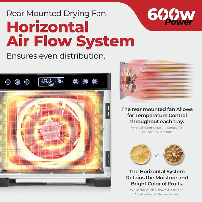 Magic Mill Pro Food Dehydrator Machine | Powerful 600W Rear Fan Even-Drying System | 7 Full-Size Stainless Steel Trays | 95°-176° Temperature Control, 48H Timer, Keep Warm + Auto Shutoff | ETL Listed
