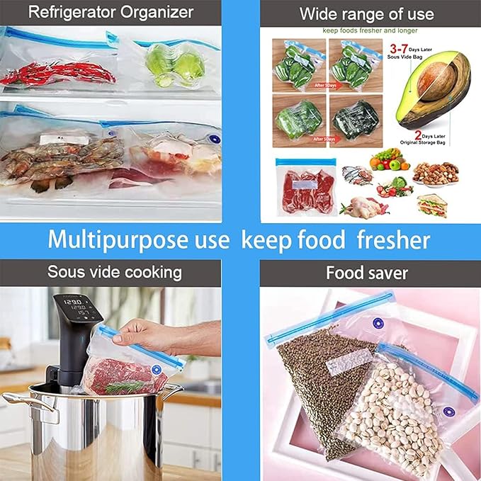 Sous Vide Bags 31 Pcs (24 Pcs Vacuum Zipper Bags & 2 Seal Clips & 5 Air Valves), Reusable BPA Free Vacuum Sealer Bags (11 * 10 in) Vacuum Food Storage Bags for Cooking/Food Storage/Microwave Heating