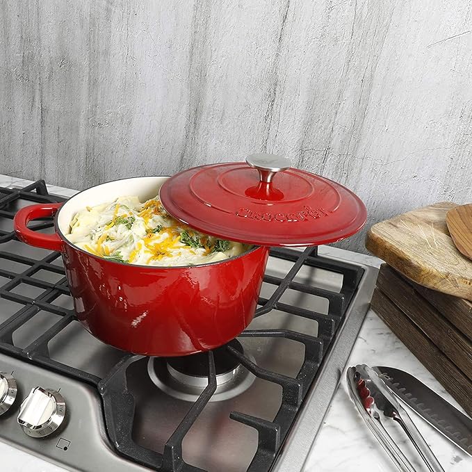 Crock-Pot Artisan 3-Quart Round Enameled Cast Iron Dutch Oven – Gradient Red, Durable Heavy-Duty Cookware for Slow Cooking, Roasting, Baking with Lid