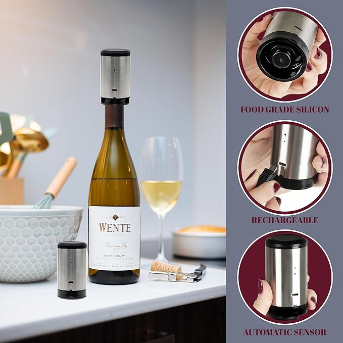 Wine Stopper, Automatic Vacuum Wine Pump, Pumps out air from bottle keeping wine fresh- great wine accessories -gift for wine enthusiast - Rechargeable Electric pump KUBEDIN