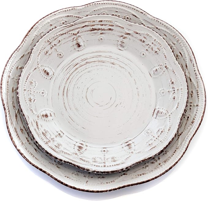 Elama Rustic Birch 16 Piece Embossed Scalloped Stoneware Round Dinnerware Set in White with Brown Accents