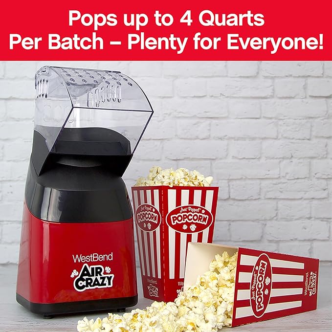 West Bend Air Crazy Hot Air Popcorn Popper Machine for Healthy Snacking with No Oil, Includes Dual-Purpose Measuring Cup & Butter Melter, 4-Quart, Red