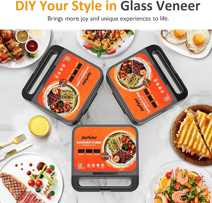 Sunvivi 3 in 1 Sandwich Maker, Electric Waffle Maker with Removable Non-stick Plates, 1000W Panini Press Grill with Glass Top, Cool Touch Handle & Easy to Clean, Black