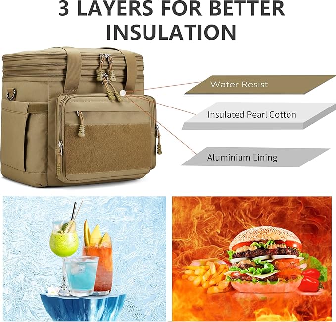 Gafetrey Tactical Lunch Box for Men, Insulated Lunch Bag Adult, Thermal Lunchbox Leakproof Waterproof Cooler Bag, Dual Compartment Lunch tote, Large Lunch Pail for Work Office Travel(Khaki) 15L