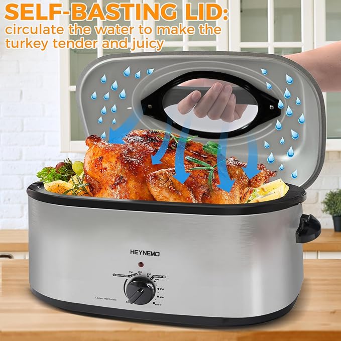 26Qt Turkey Roaster Oven Buffet with Self-Basting Lid, 1450W Electric Roaster Oven with Cool-Touch Handles, Stainless Steel Roaster Oven with Removable Pan and Rack, Silver
