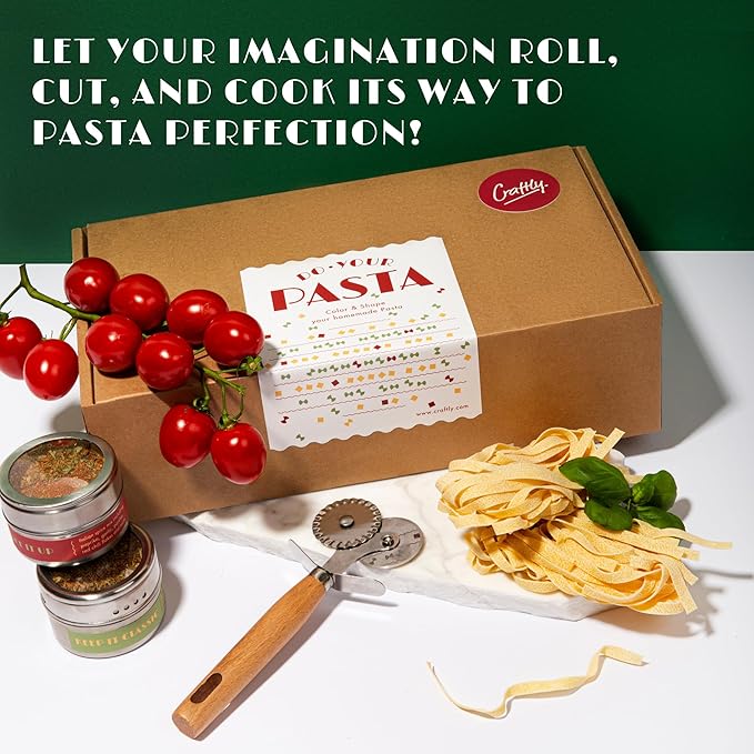 DIY Pasta Making Kit | Gourmet Pasta Set | All-in-One Set with Rolling Pin, Cutting Wheel, Ravioli Stamp, Spices & Pasta Dyes | Great Gift for Beginners and Experienced Cooks