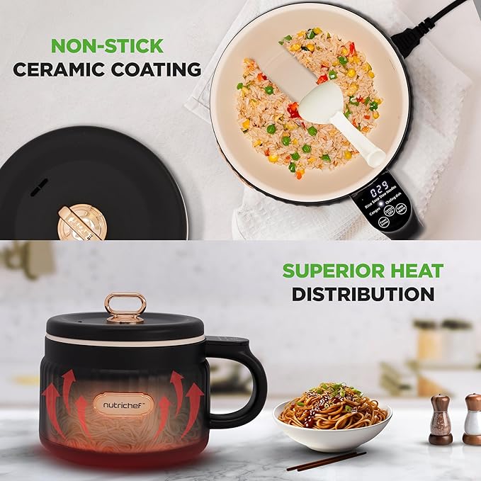 NutriChef 1.6 QT Portable Electric Rice Cooker & Lunch Maker | Multi-Functional & Non-Stick Ceramic Coating | Digital Control Panel | 6 Cook Functions: Rice, Soup, Stew, Porridge & More | Black